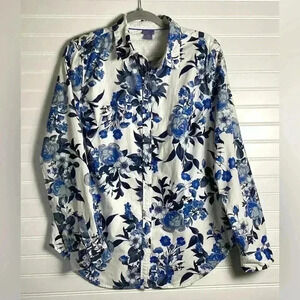 Laura Scott Women's Size L White/Blue Floral Button-Down Long Sleeves Shirt Top